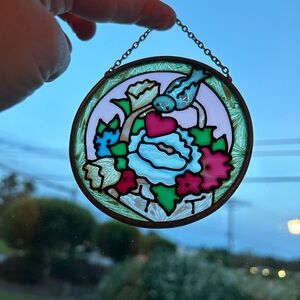 Sunbather stained glass? Blue bird flowers in basket window art wall hanging